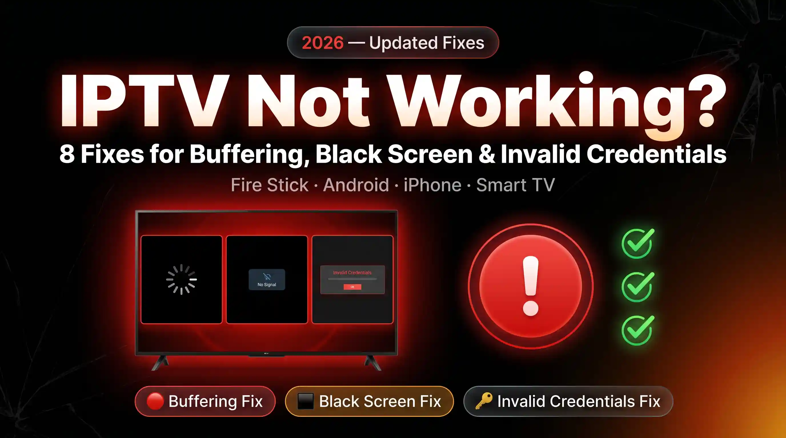 IPTV buffering troubleshooting guide showing playback fixes on a TV screen