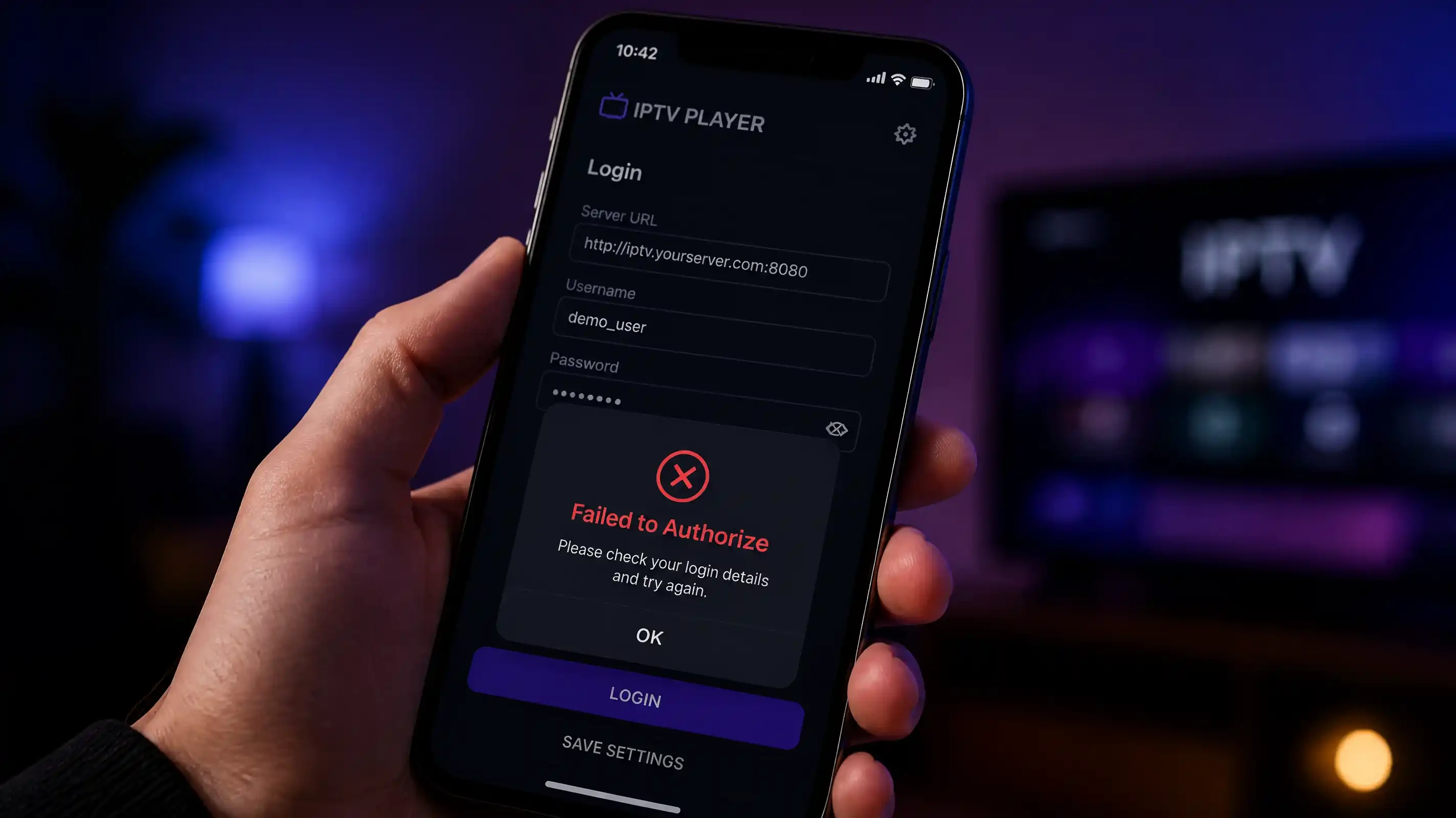 IPTV Smarters failed to authorize error message on a smart TV screen