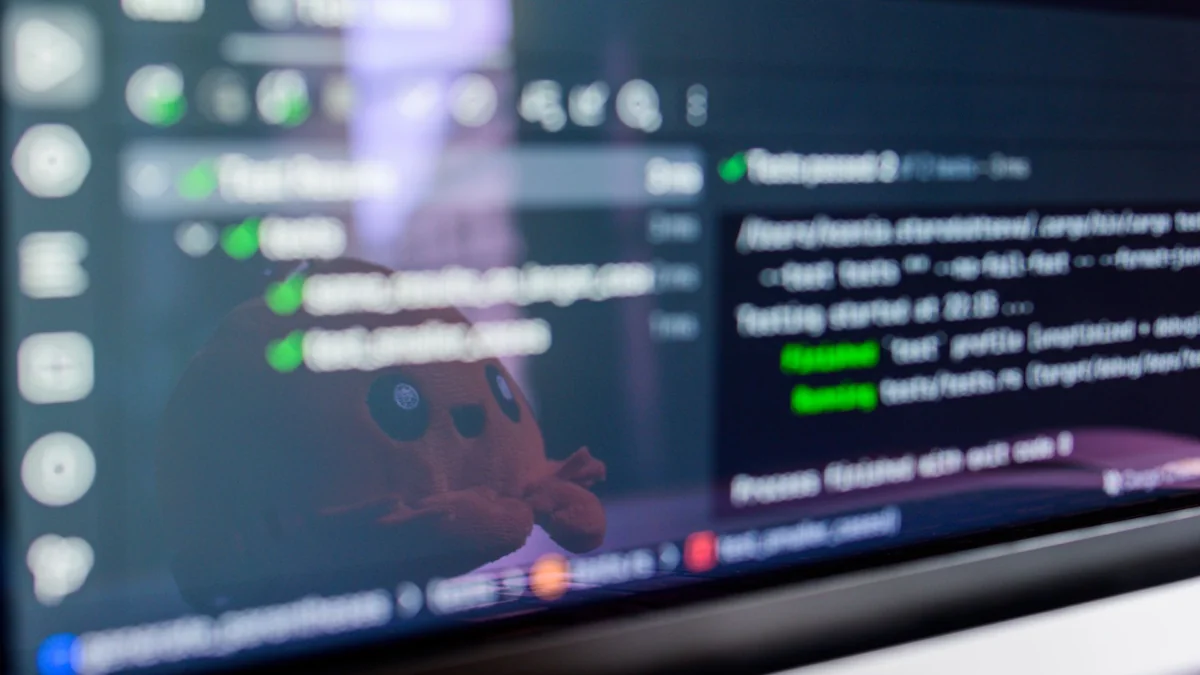 A laptop screen displaying programming code with a cute plush toy reflecting, illustrating public iptv playlist
