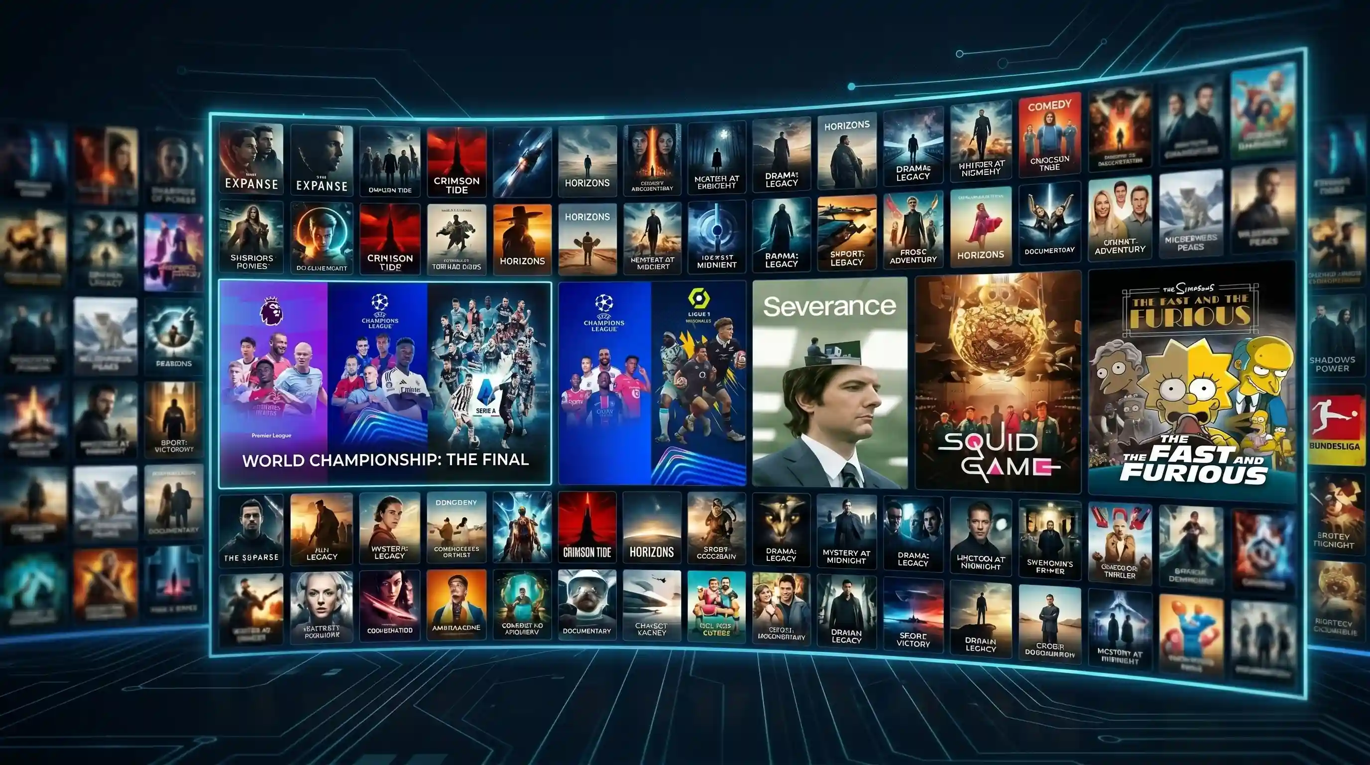 Vivimate IPTV content wall showing hundreds of channels and titles: Premier League, Champions League, Squid Game, Severance, Fast and Furious, The Simpsons, blockbuster films, live sports and top series all in one subscription