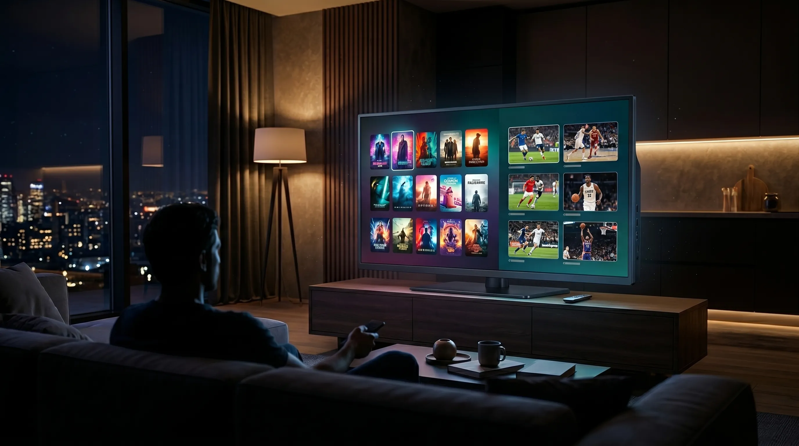 Person watching Vivimate IPTV on a large smart TV in a luxury living room at night with a city skyline view, browsing movies and live sports