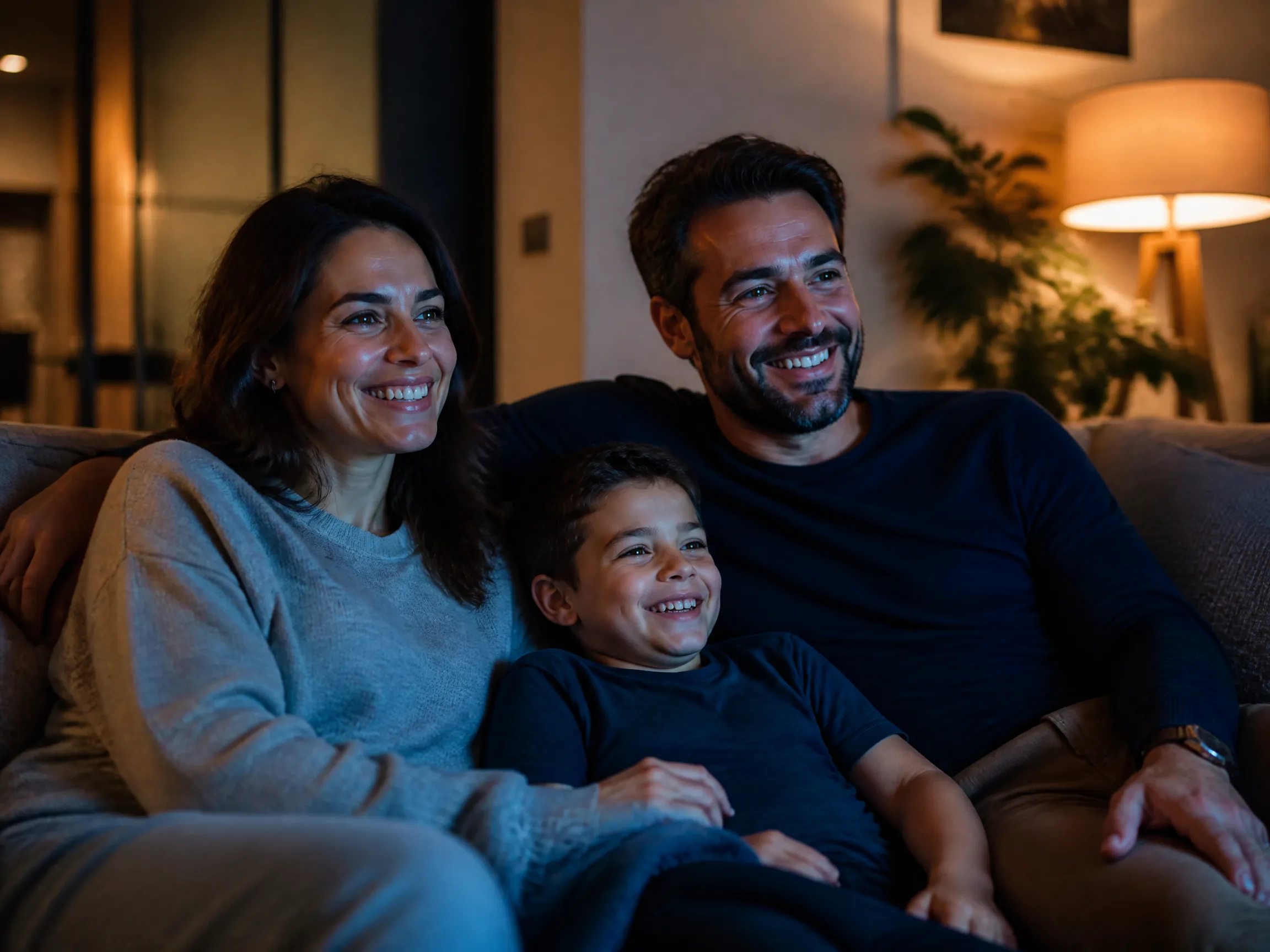 A family watching Vivimate IPTV together on the living-room sofa at night