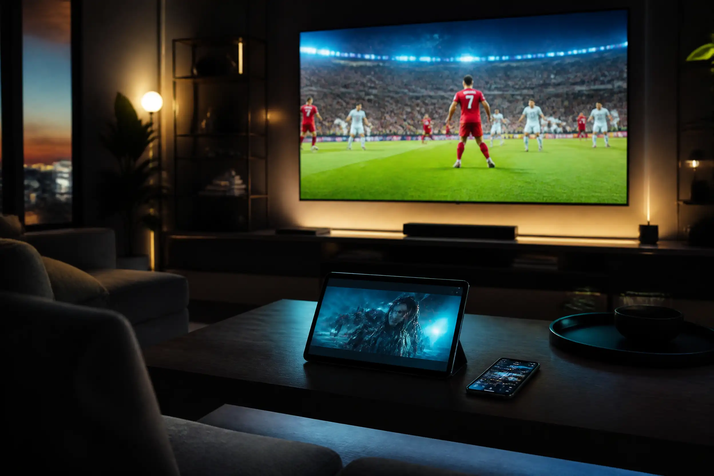 Vivimate IPTV streaming a live football match on a smart TV with a movie on a tablet and the TV guide on a phone