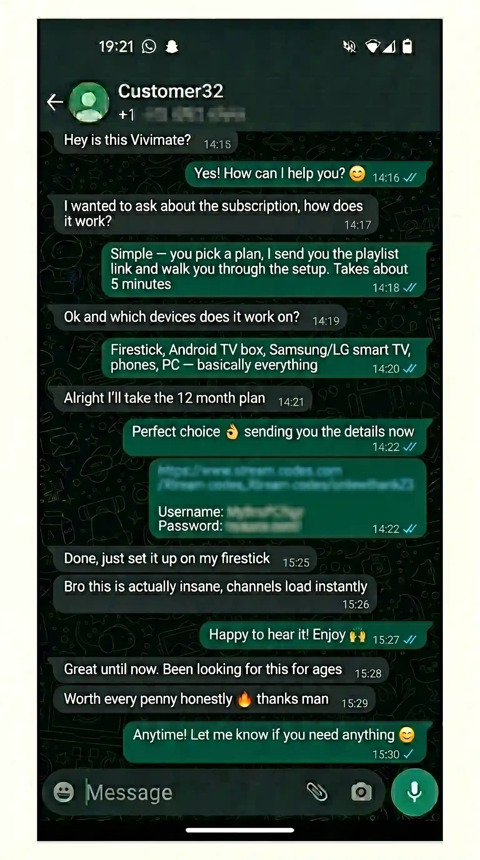 WhatsApp chat with a Vivimate IPTV customer using two simultaneous connections so the kids watch cartoons while they watch sports