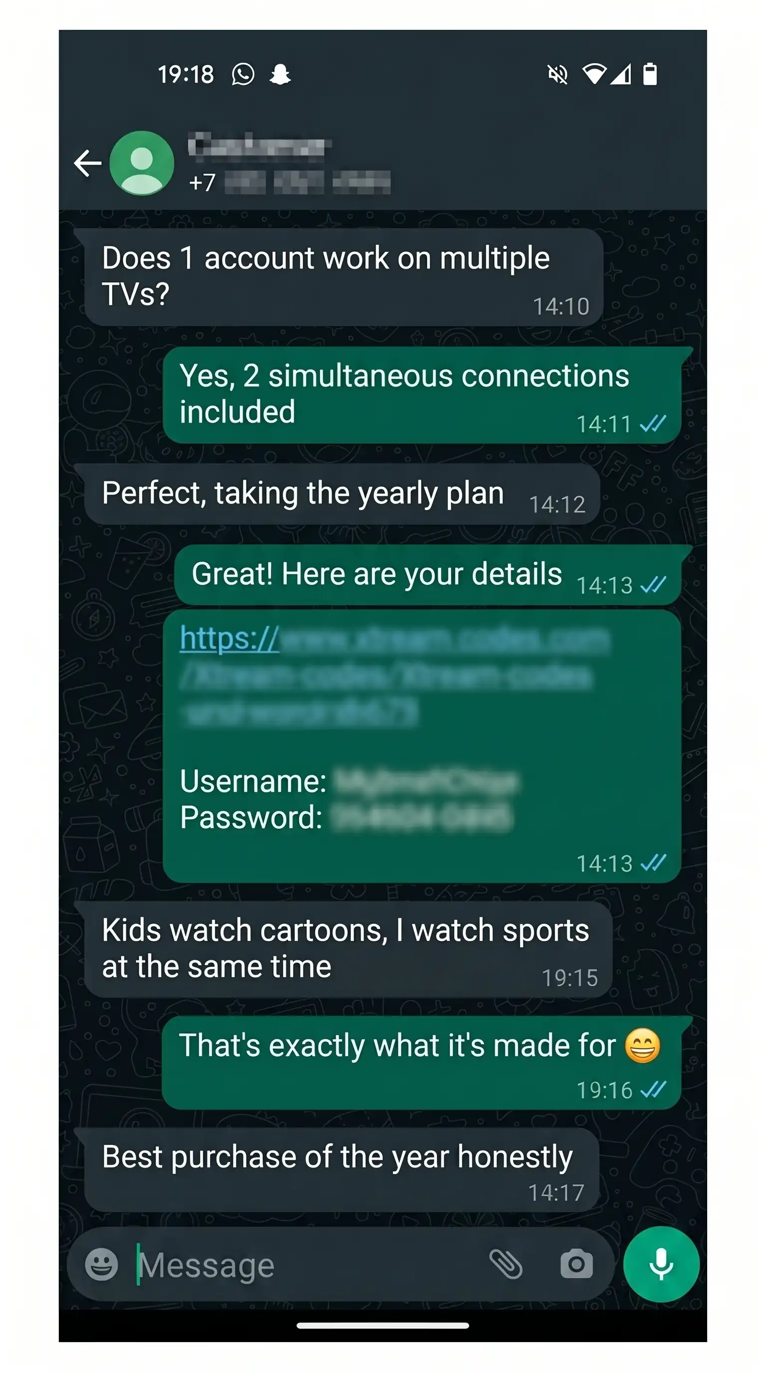 WhatsApp chat with a Vivimate IPTV customer who set up the 12 month plan on a Firestick and says channels load instantly with great beIN Sports HD quality