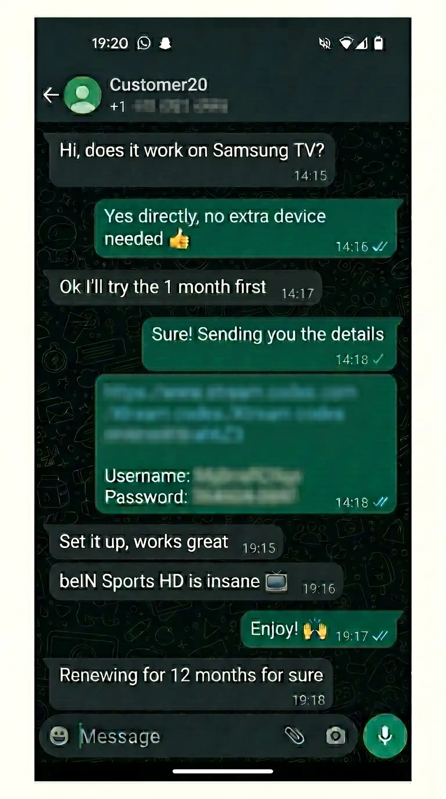 WhatsApp chat with a Vivimate IPTV customer running it directly on a Samsung smart TV with no extra device, renewing for 12 months