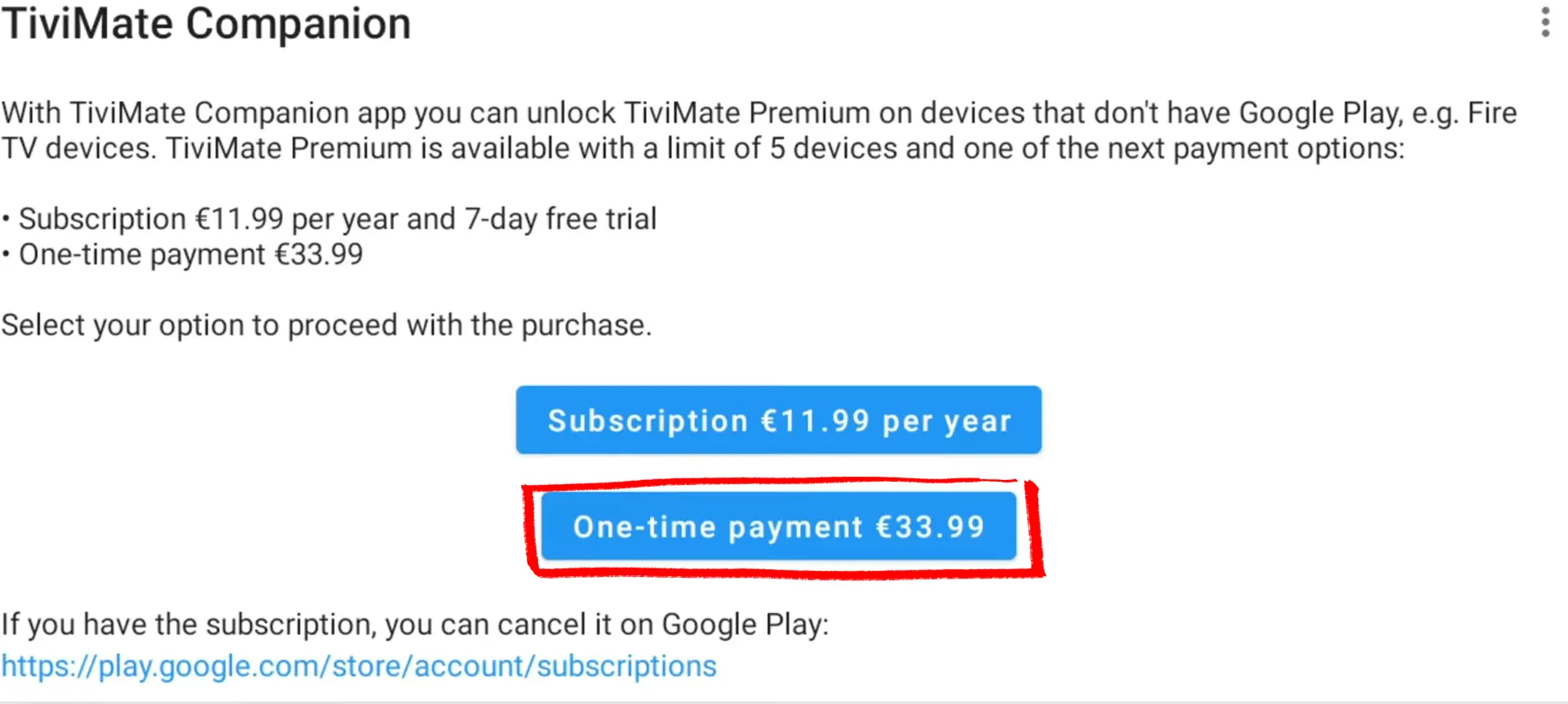 Choosing the TiViMate Premium lifetime plan on tivimate.com