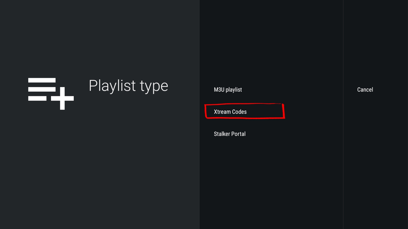 Choosing the Xtream Codes playlist type in TiViMate on Android phone