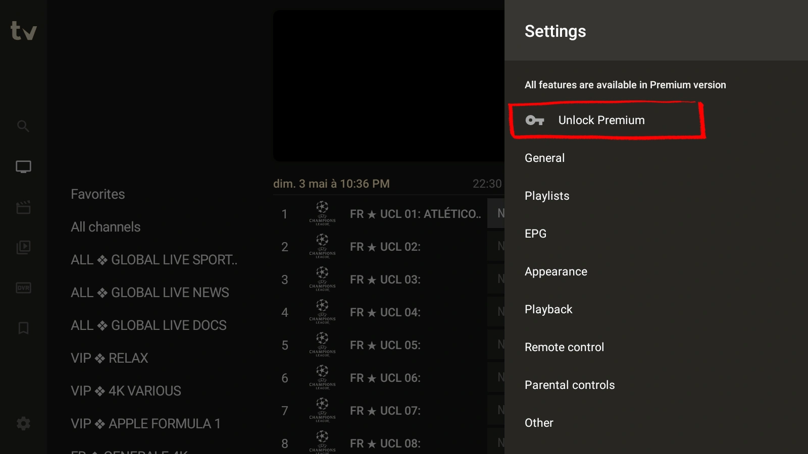 TiViMate Settings showing Unlock Premium on an Android phone