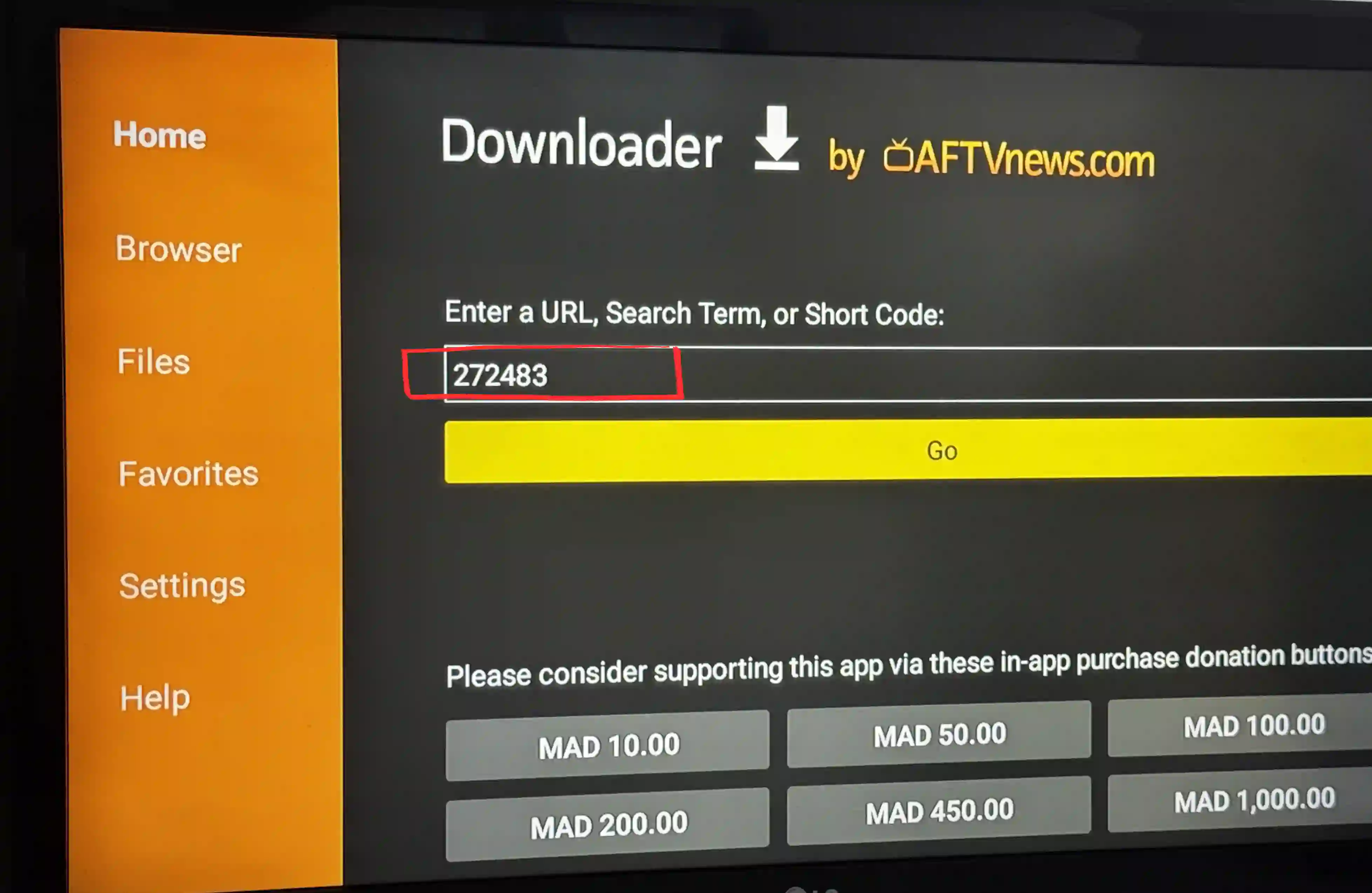 Entering code 272483 in the Downloader app to sideload TiViMate on Android TV