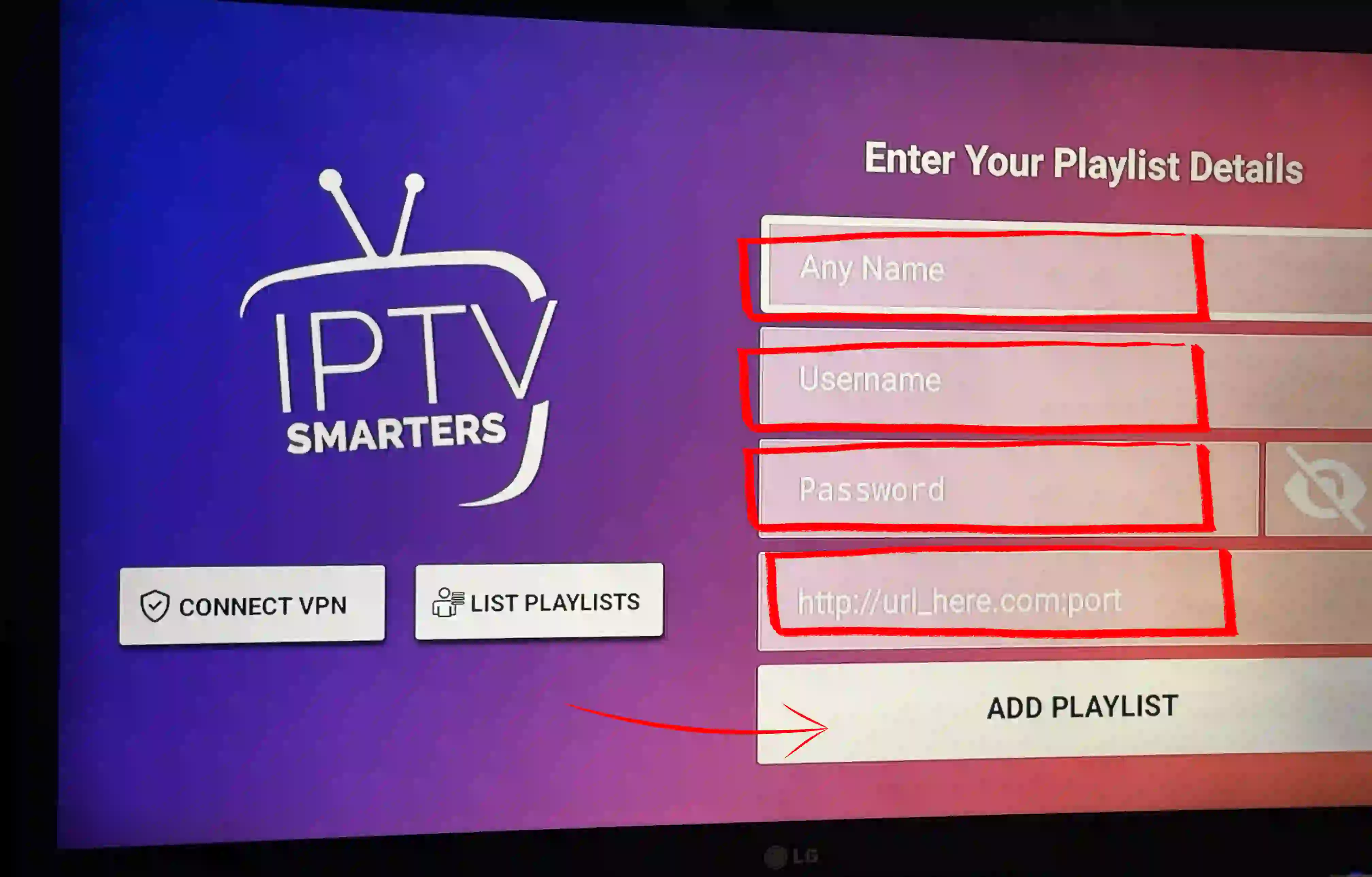 Entering username, password and server URL into IPTV Smarters Pro on a Samsung or LG TV