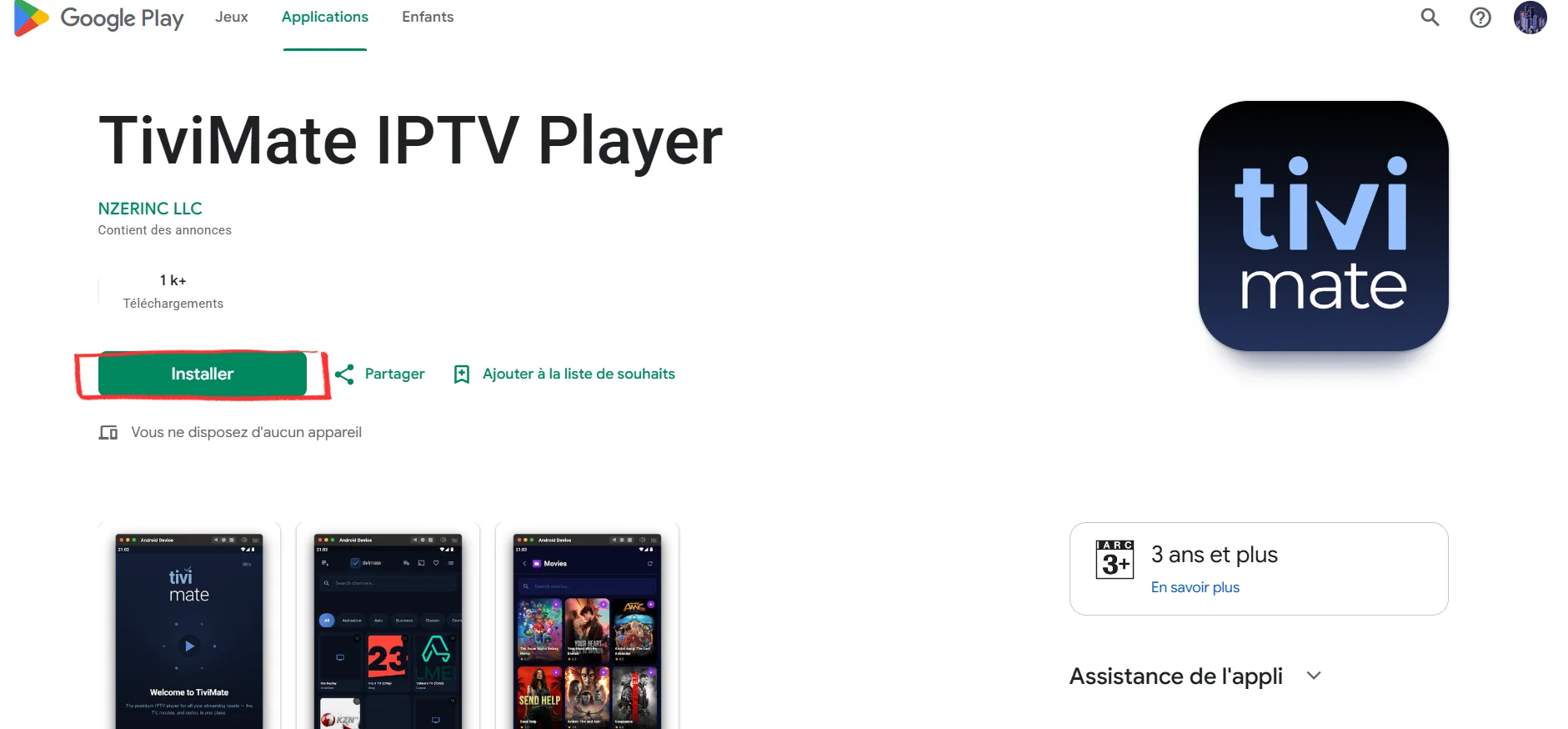 Installing the TiViMate IPTV player from Google Play on an Android TV box