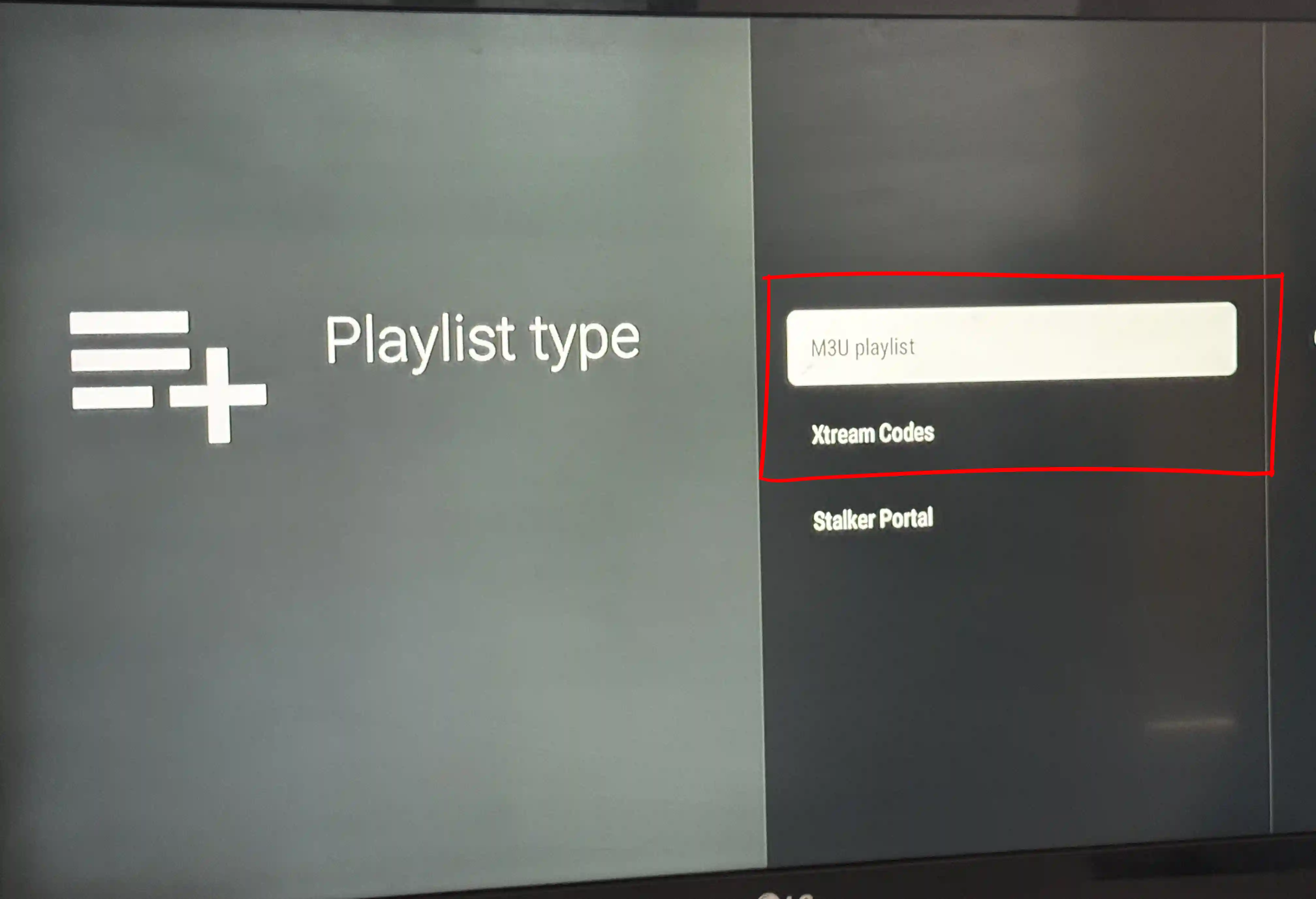 Selecting Xtream Codes or M3U playlist type in TiViMate on Android TV