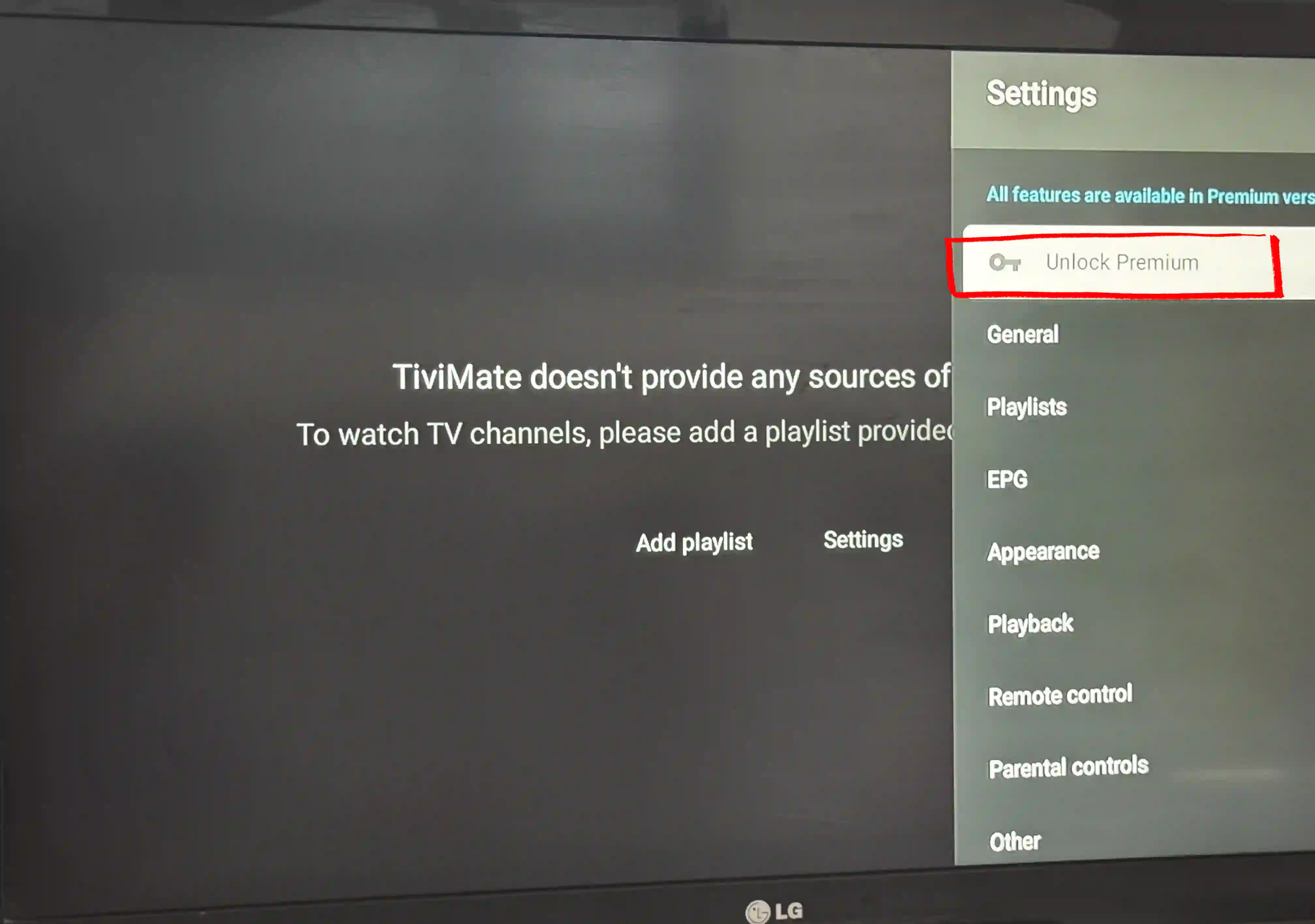 TiViMate Settings showing Unlock Premium on an Android TV box