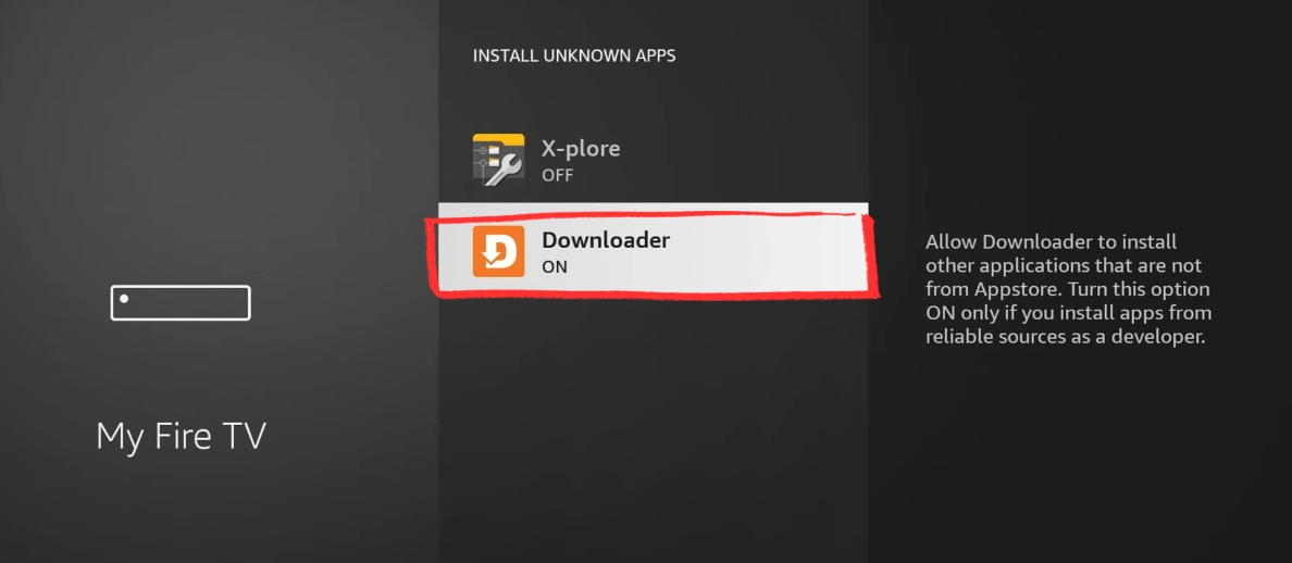 Switching Downloader on in the Install Unknown Apps list on Fire Stick