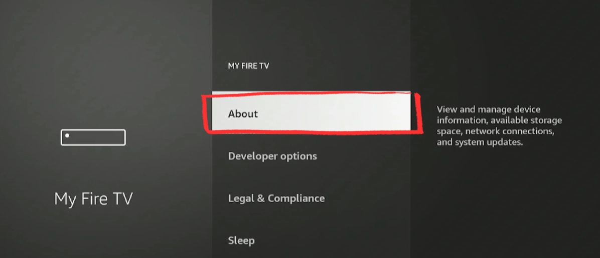 Selecting About inside the My Fire TV menu on Fire Stick