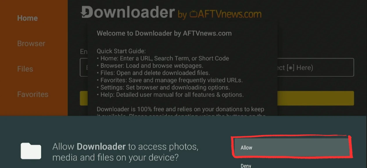 Granting the Downloader app file access on Fire Stick
