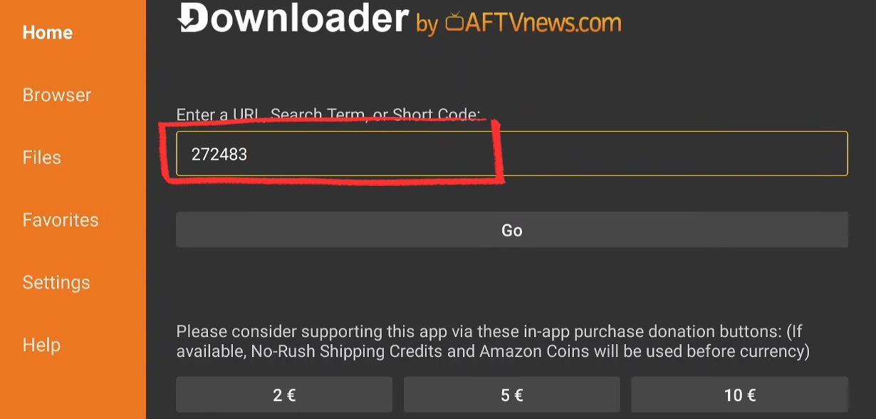 Entering the TiViMate code 272483 in the Downloader app on Fire Stick
