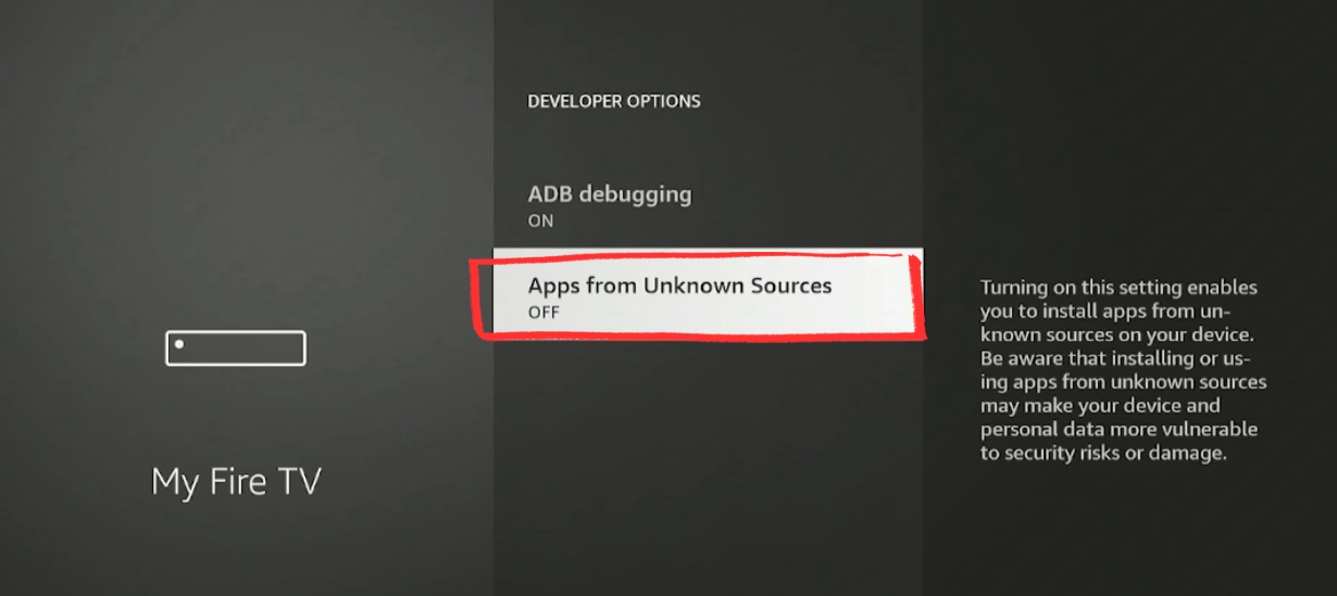 Opening Install Unknown Apps in Fire Stick developer options