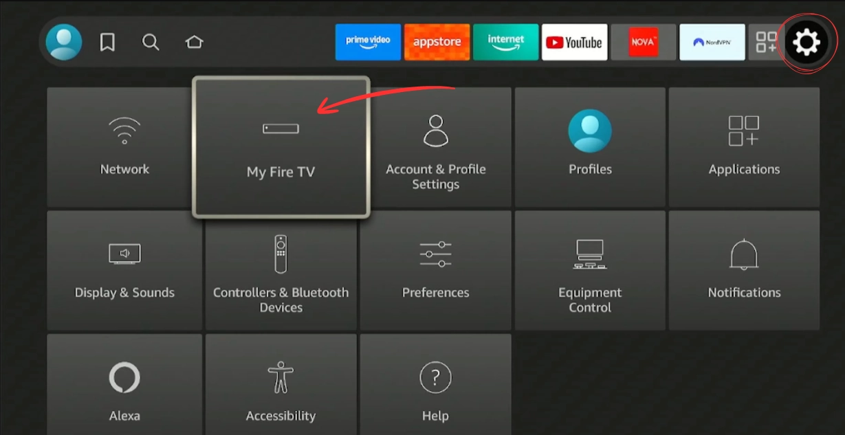 Fire TV Stick Settings, opening My Fire TV