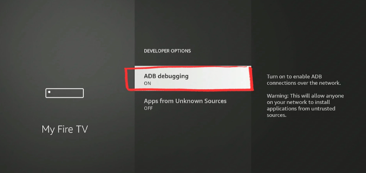Turning ADB Debugging on in Fire Stick developer options
