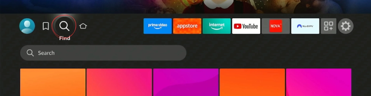 Searching the Fire TV Stick home screen for the Downloader app