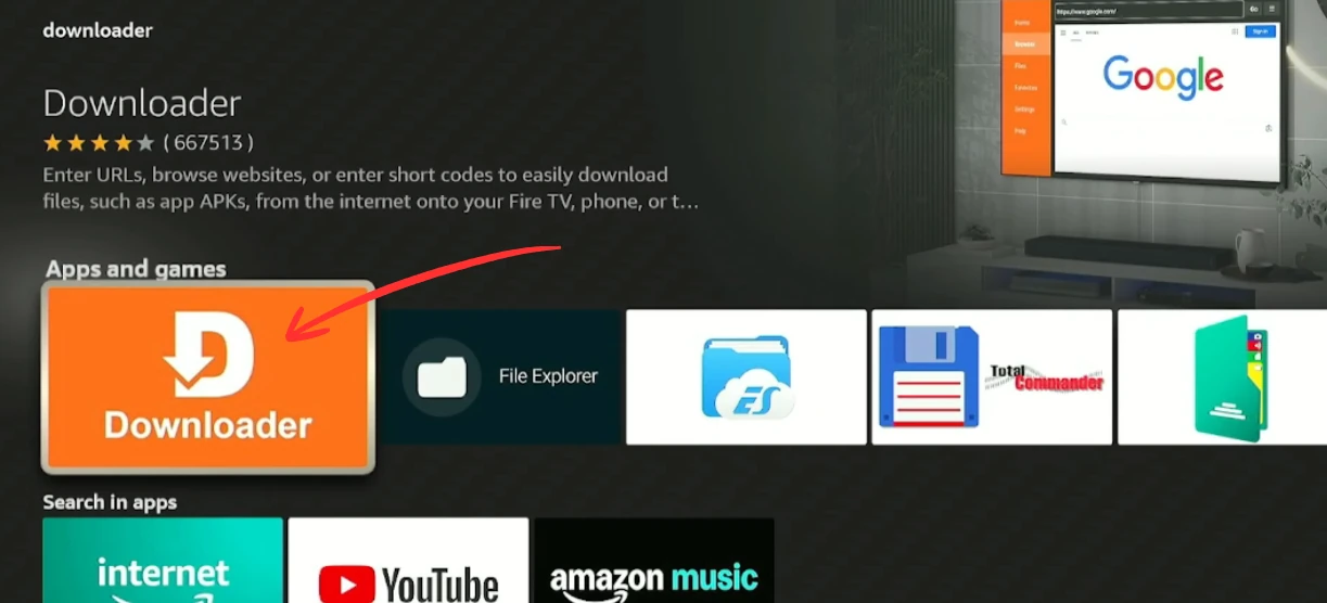 Installing the Downloader app from Fire TV Stick search results