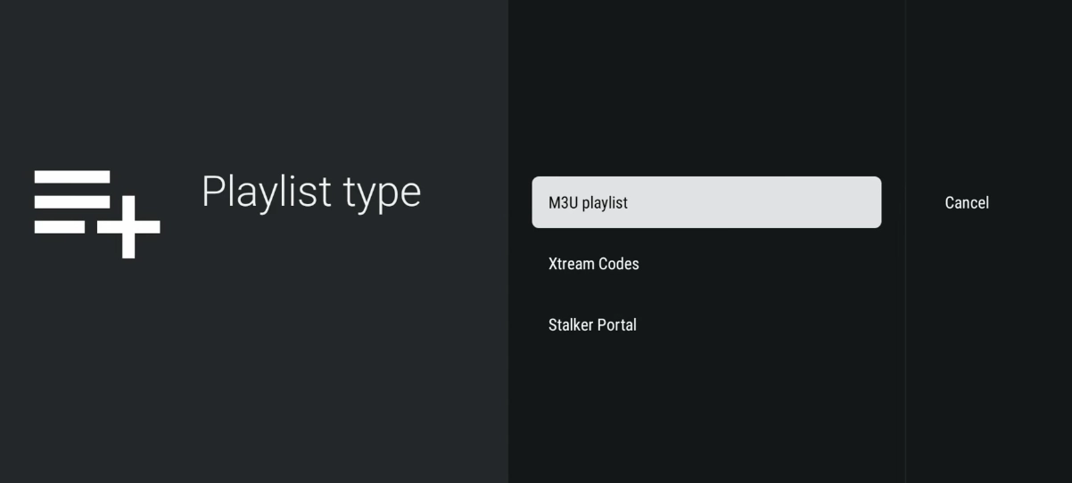 Choosing Xtream Codes or M3U when adding a playlist in TiViMate