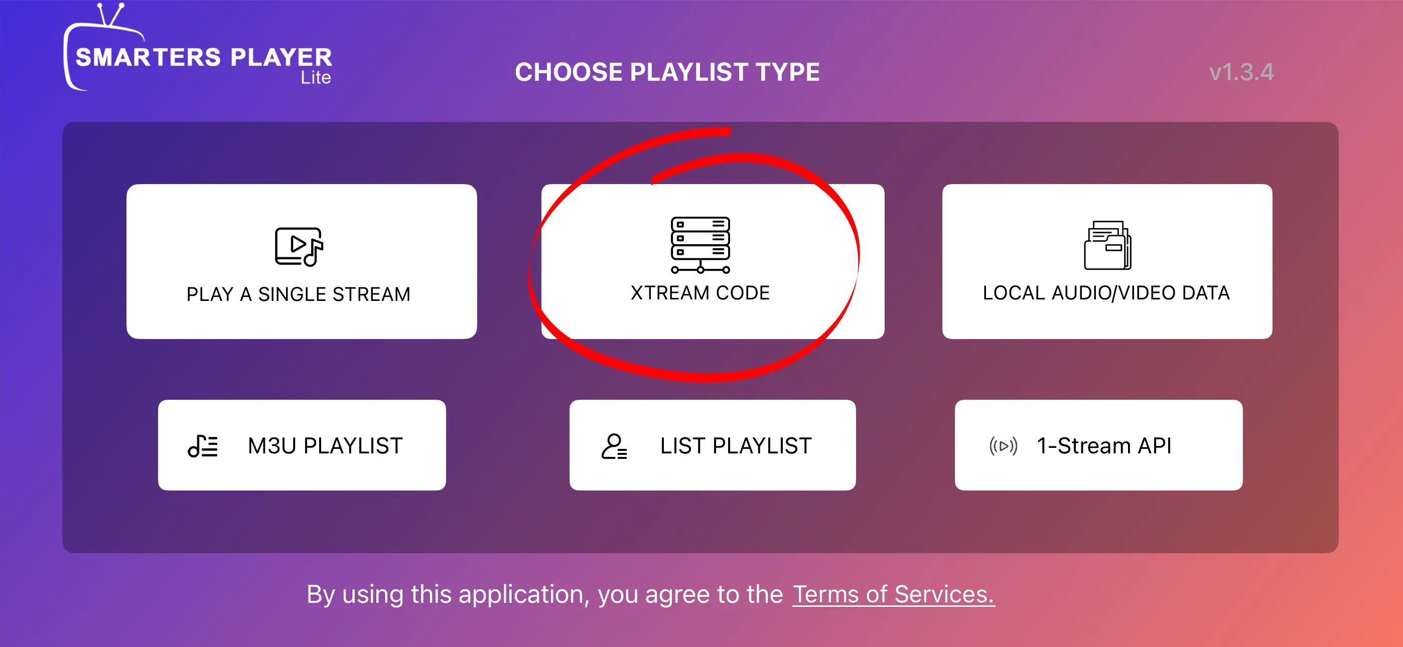 Choosing Xtream Code as the playlist type in Smarters Player Lite on iPhone