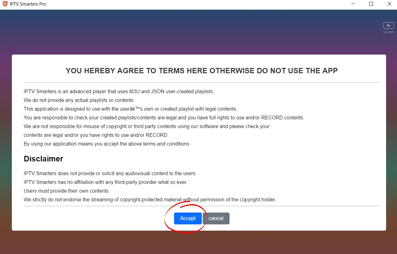 IPTV Smarters Pro terms and disclaimer screen on first launch