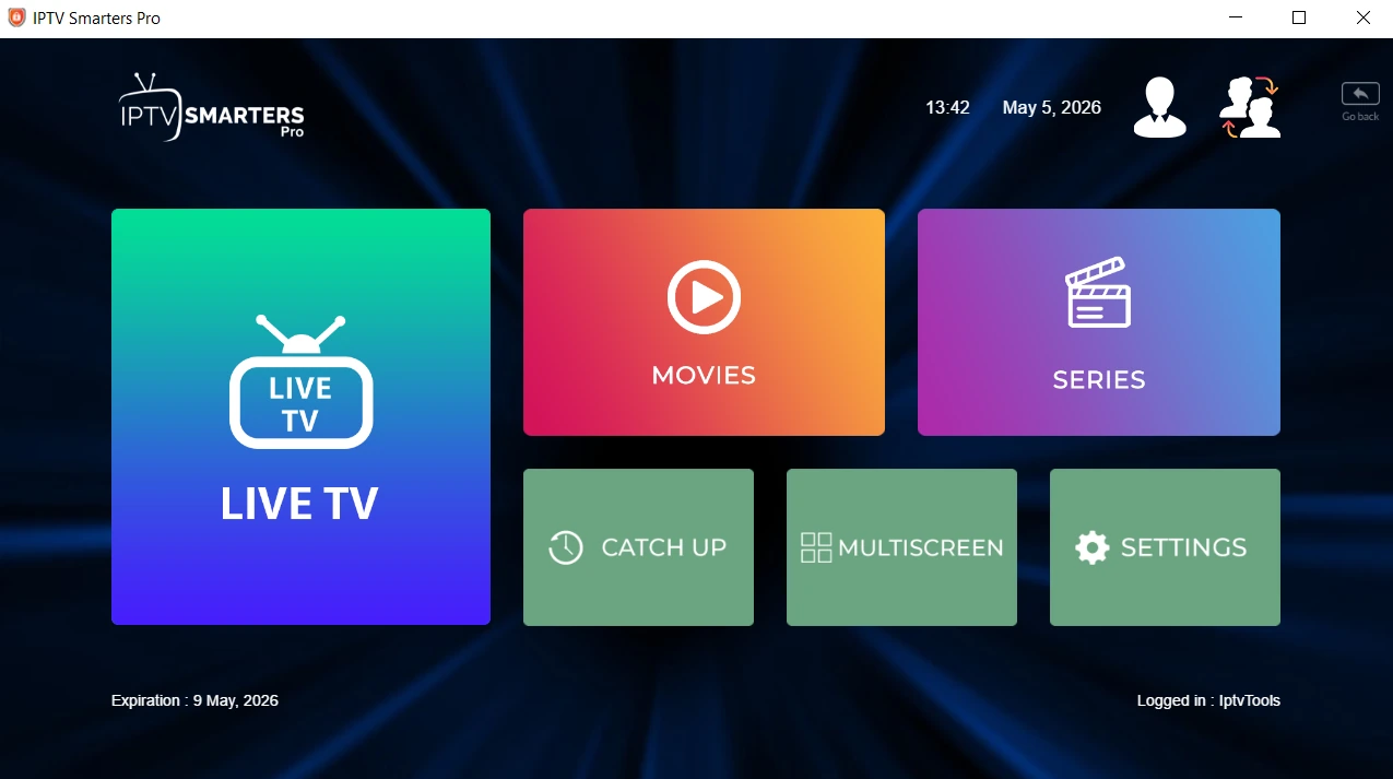 IPTV Smarters Pro dashboard with live TV ready on Windows