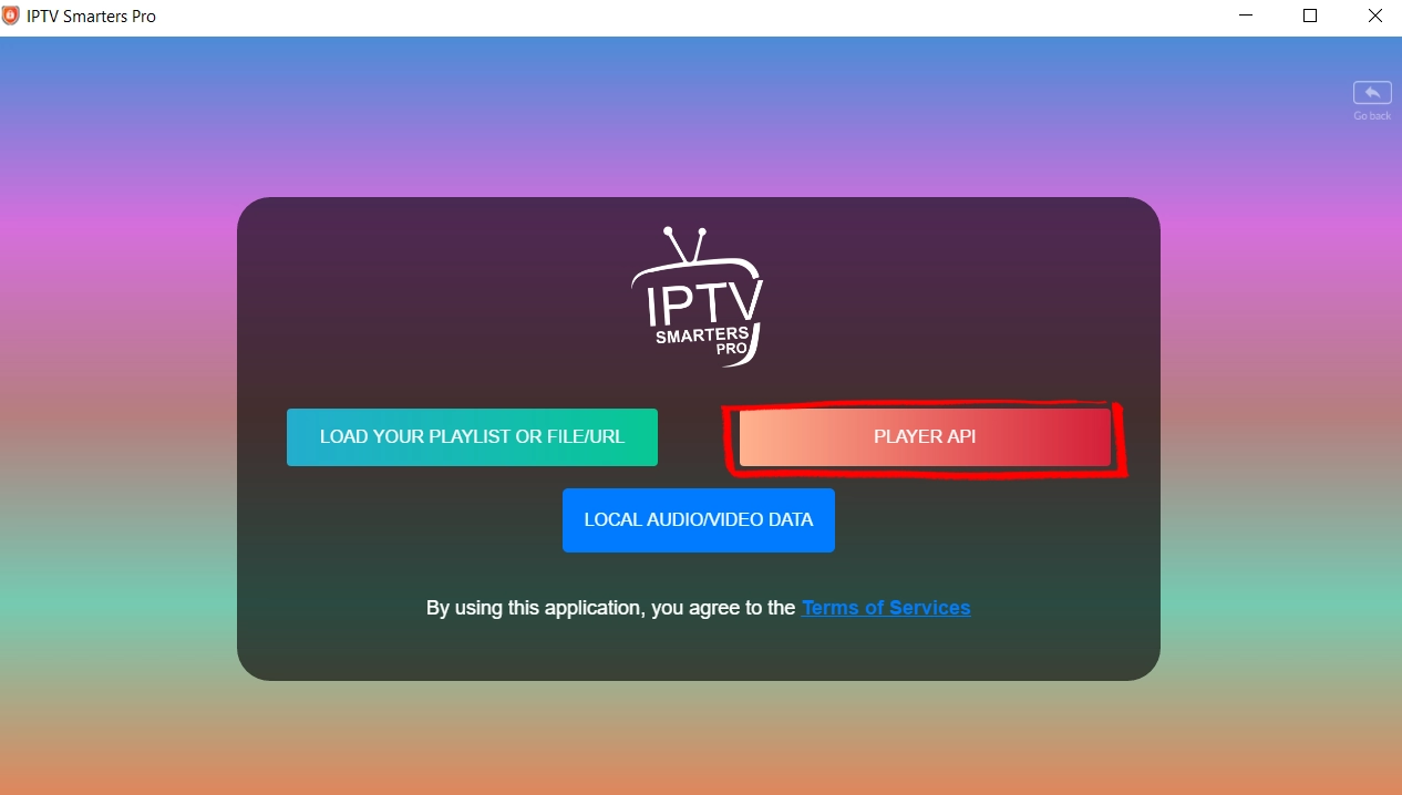 Selecting Player API in IPTV Smarters Pro on Windows